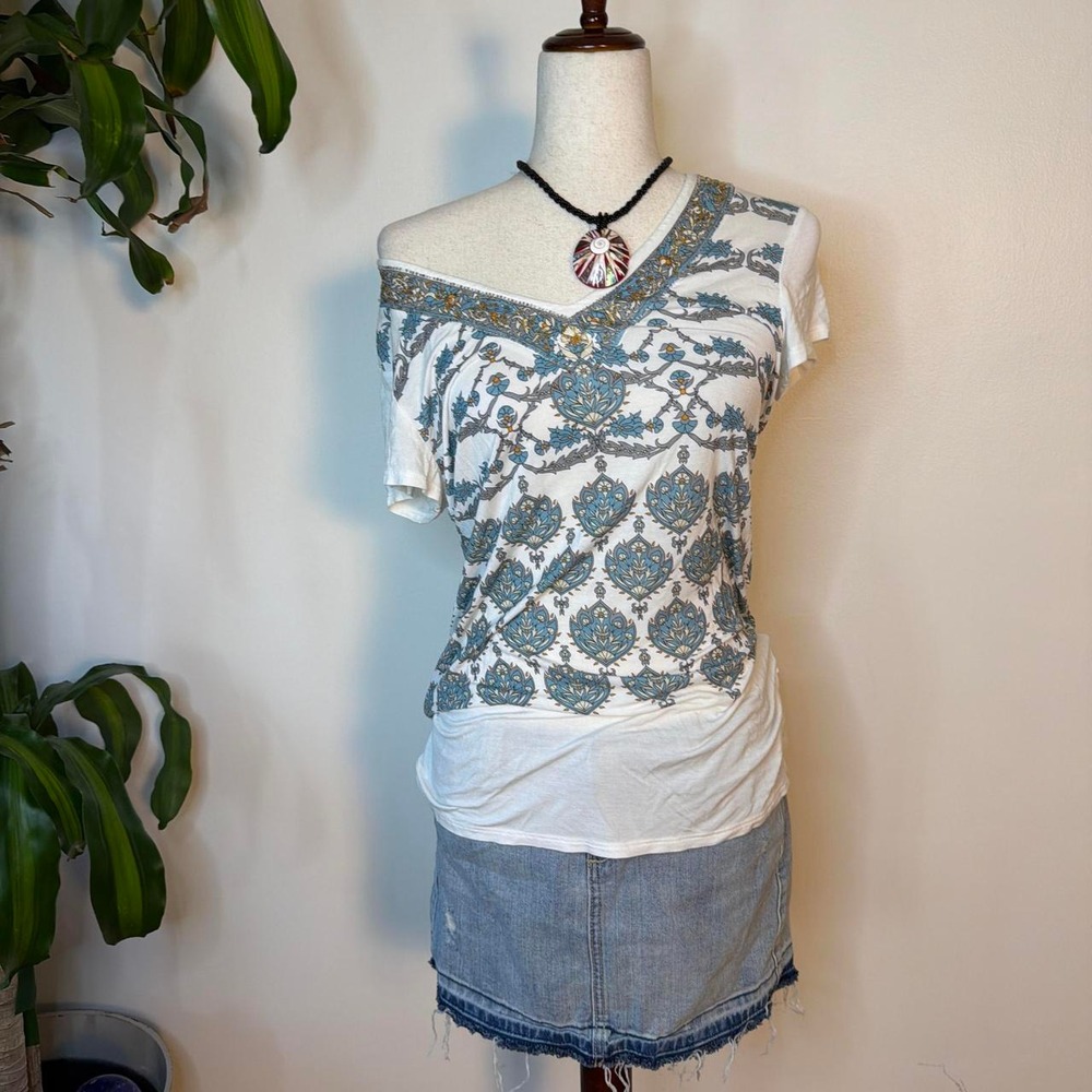 Max Jeans Teal White Beaded Off Shoulder Fairycore Floral Top Medium